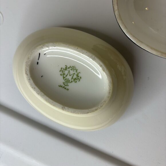 VTG Hand-Painted Porcelain China Egg Trinket Dish Floral Black Ivory "M" Japan - Picture 6 of 8